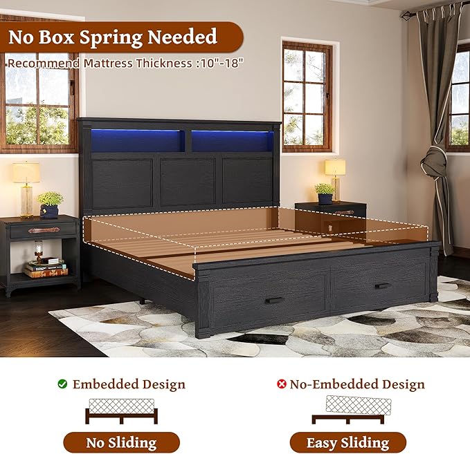 53" Tall King Bed Frame with Headboard and Storage, 2 Drawers and LED Built in Charging Station Bed Frame King Size with Farmhouse Roman Column Decoration,No Box Spring Needed (Black)