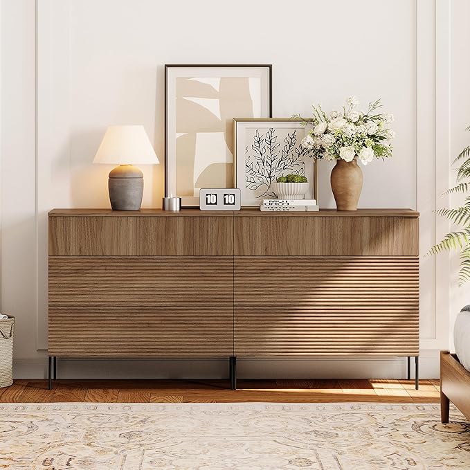 WAMPAT 63" W Fluted Dresser for Bedroom, 2 in 1 Modern 6 Drawer Dresser TV Stand with Hidden Handles, Wooden Chest of Drawers Closet Clothes Storage Organizer for Bedroom, Living Room, Light Walnut