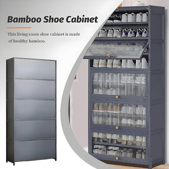 Tall Shoe Cabinet with Acrylic Doors, 10-Tier Large Capacity Bamboo Shoe Cabinet, 40-45 Pairs Freestanding Shoe Rack & Shoe Organizer for Closet Entrance, Hallway, Living Room, Bedroom