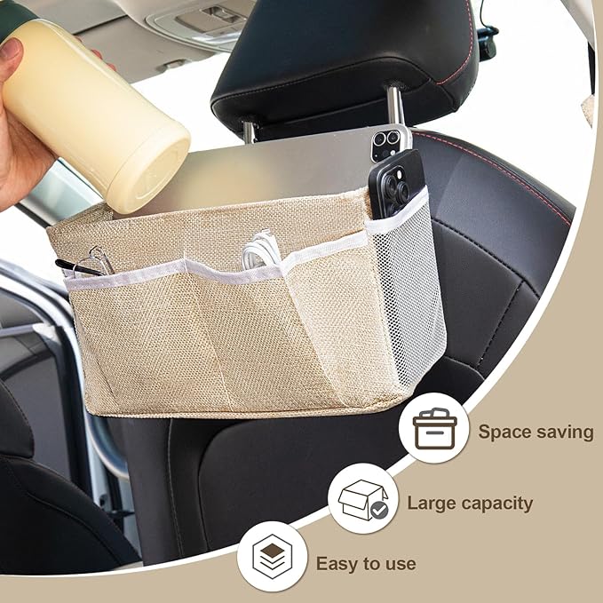Bedside Caddy, bedside organizer, Hanging Organizers, Storage Bags with Self-adhesive on The Back to Hang Over Beds for Headboards, Bunk Bed, Car Seat Back Organizers (Upgraded Version Beige)