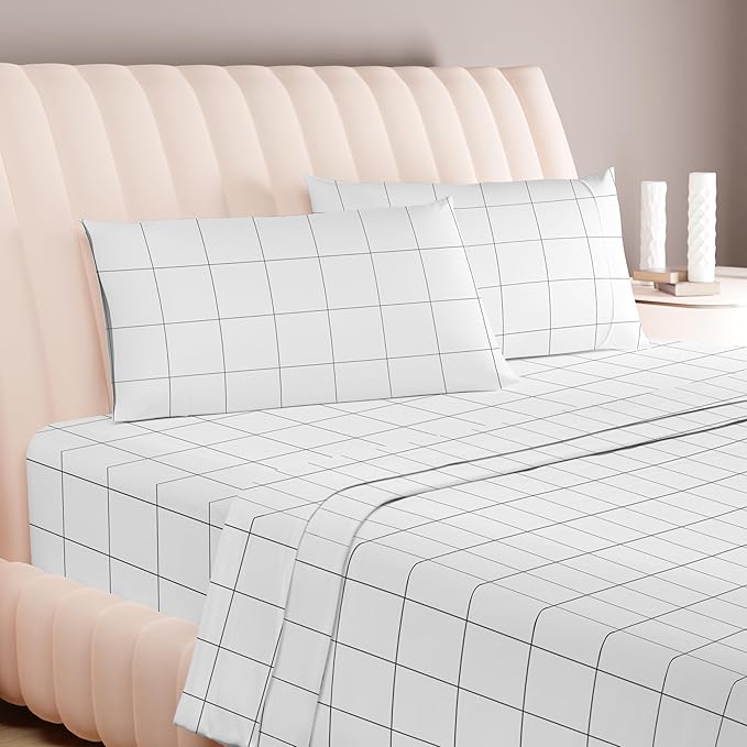 Carressa Linen Luxury Egyptian Cotton King Printed Sheet Set - 600 Thread Count Extra Long Staple 4 PC Set, Window Pane King Printed Sheets, Soft, Cooling Sateen Weave Sheets Upto 18 in Deep Pocket