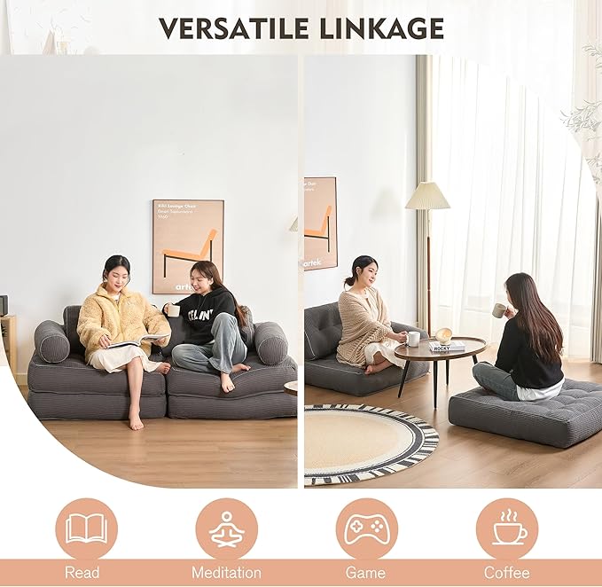 Plus Futon Sofa Bed for Small Spaces, Floor Couch with Armrest, Folding Sofa Couch, Convertible Sleeper Chair Bed with Pillow, Portable Comfy Floor Lounge for Living Room and Bedroom, Grey