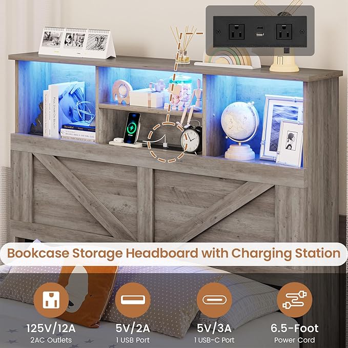 VIAGDO Farmhouse Bed Frame Twin Size with Bookcase Storage Headboard, Charging Station and LED Lights, Wooden Twin Bed Frames with 4 Drawers, Barn Door Design, No Box Spring Needed, No Noise, Grey