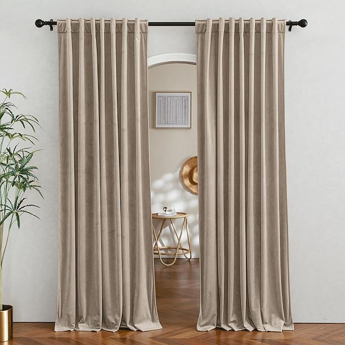 RYB Home Camel Beige Velvet Room Divider, Soft Durable Drapes Room Darkening Privacy Window Treatment Back Tab Farmhouse Decor for Apartment Sliding Glass Door, W62 x L84 inches, Set of 2