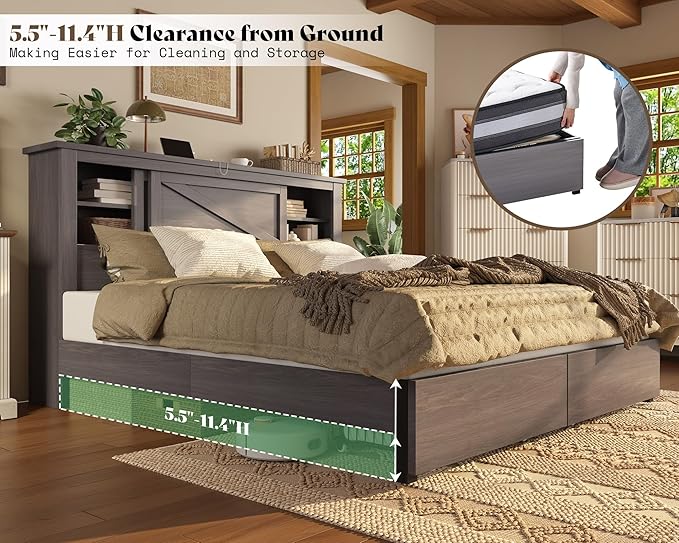AMERLIFE 47.2" H Queen Bed Frame with Hidden Space Bookcase Headboard and Charging Station, Beds with 2 Storage Drawers and Wood Slats, No Box Spring Needed, Grey