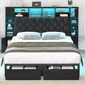 Full Size Bed Frame with Bookcase Headboard and Storage Drawers, 51.2" Metal Platform Full Bed Frame with Charging Station and LED Lights, Velvet Upholstered Tufted Bed Frames, Black