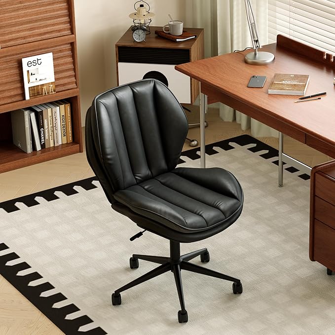 Home Office Desk Chair with Wheels, Armless Adjustable Height PU Leather Office Chair, Mid Back Ergonomic Computer Chair, Walnut Curved Seat Design No-Arm Chair (9008-Black)