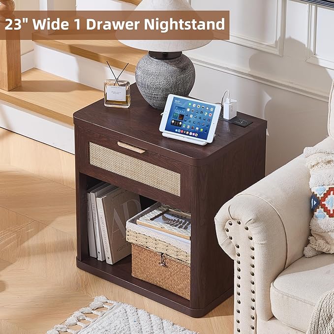 LEYAOYAO Rattan Nightstand with Charging Station, 23" Wide Boho Night Stand with Drawer, Walnut Bedside Table Open Storage Cabinet, Bed Side End Tables Dresser for Bedroom, Living Room, Hallway