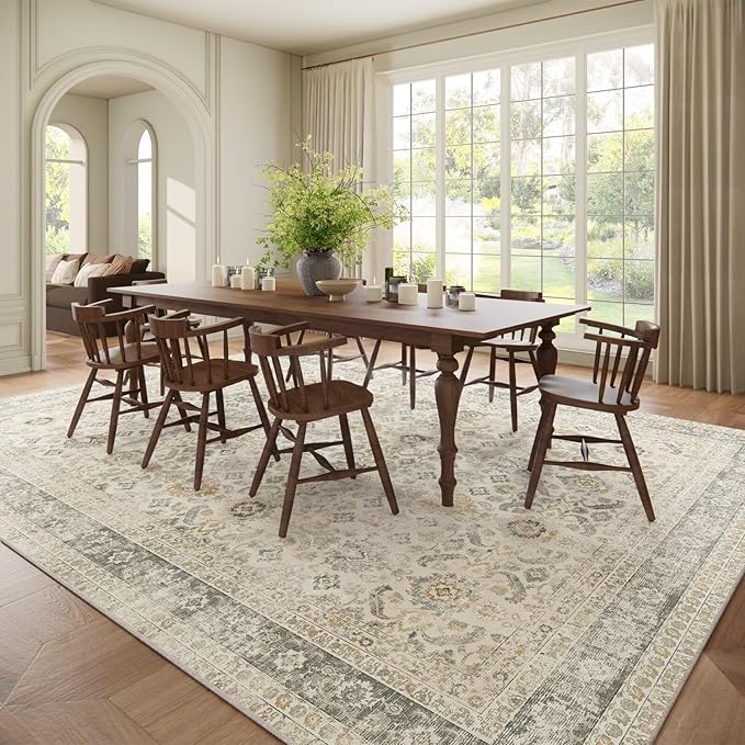 Washable 9x12 Area Rugs for Living Room, Boho Non-Slip Vintage Distress Lager Rugs for Bedroom Dining Room Nursery Office, 0.3" Neutral Oriental Throw Thin Carpet, Grey/Beige/Orange/Multi