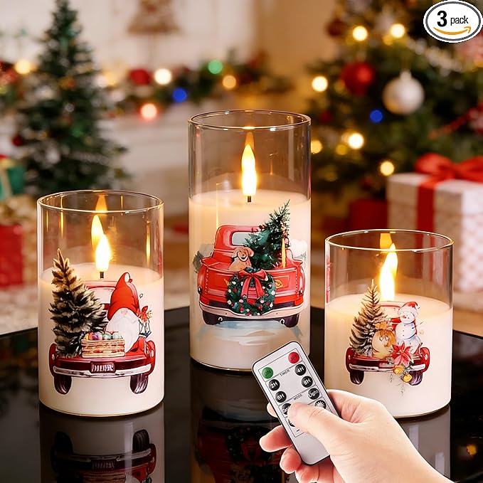 Eywamage Christmas Glass Flameless Candles with Remote, Flickering LED Pillar Candles Holiday Table Decor Gift Set of 3