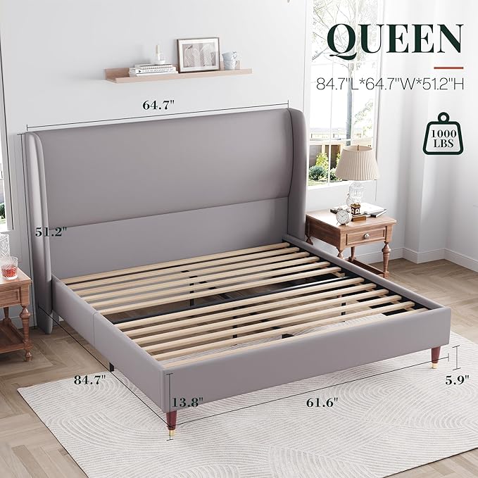 Jocisland Queen Upholstered Platform Bed Frame with 51.2" Tall Wingback Headboard–Solid Wood Legs, No Box Spring Needed, Light Grey Linen–Modern Style for Any Bedroom