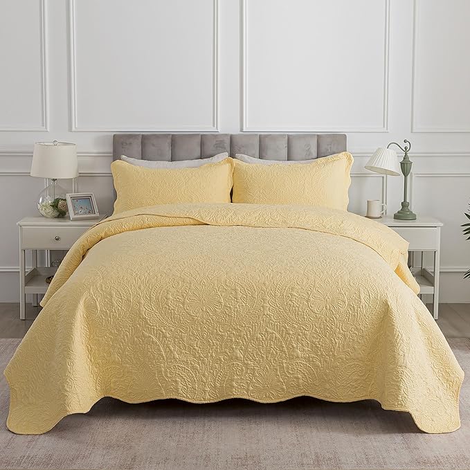 HoneiLife King Size Quilt Sets - 3 Piece Microfiber Quilt Set Lightweight Bedspreads Reversible Coverlets Rustic Bed Cover King Quilt Bedding Set All Season Quilts-Yellow