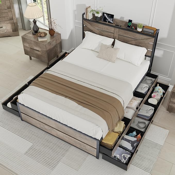 Queen Size Wooden Bed Frame with 12 Storage Drawers and Headboard, Farmhouse Platform Bed Frame with Charging Station, No Box Spring Needed, Stable and Solid, Noise Free. (Oak, Queen)