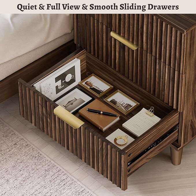 Fluted Nightstand with USB Charging Station, 3-Drawer Dresser Bedside Table with Soft Close Drawers & Large Storage, Modern Wood End Table for Bedroom