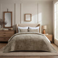 EVERGRACE Velvet Quilt Set King Size, Luxurious Soft Striped Channel Bedding Set, Lightweight Velvet Comforter for All Season, Oversized Bedspread Coverlet with 2 Matching Shams, Sand Dune