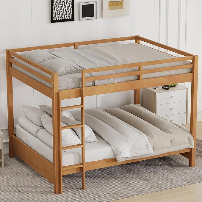 Bellemave Queen Over Queen Size Bunk Bed for Kids/Adults,Solid Wood Bunk Bed Frame Queen Size with Ladder & Safety Guardrails,Wood Color