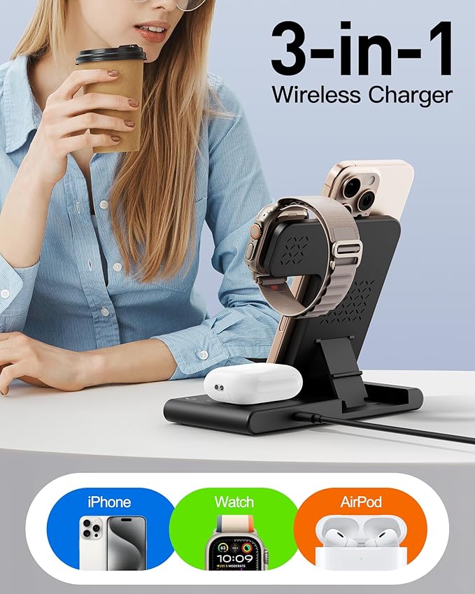 2026 Wireless Charger for Apple and Android Charging Station,3 in 1 Fast Max Charging for iPhone 16 15 14 13 12 Pro Max Plus, Apple Watch Series & Air pods 4 3 2 Pro, Android Samsung Galaxy Series