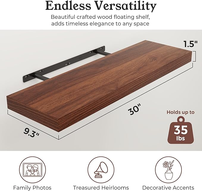 Floating Shelves for Wall, 9.3" Deep Wall Mounted Wood Shelves for Bathroom, Bedroom, Living Room, Kitchen, Hanging Shelf for Books/Storage/Room Decor (Walnut, 30")