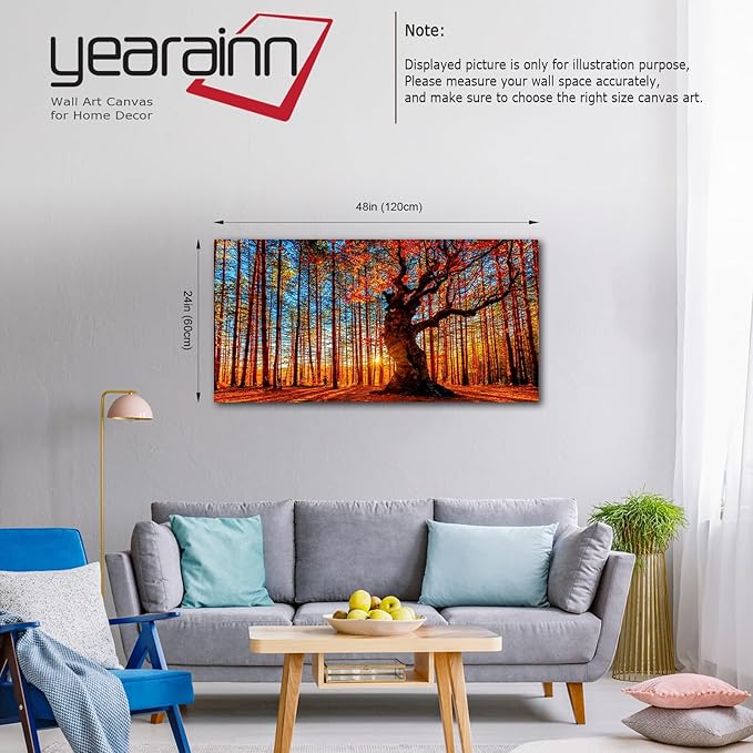 Yearainn Large Canvas Wall Art Forest Sunset Canvas Pictures Red Leaf Trees Landscape Contemporary Nature Picture for Living Room Bedroom Home Office Wall Decor Framed Ready to Hang 24" x 48"