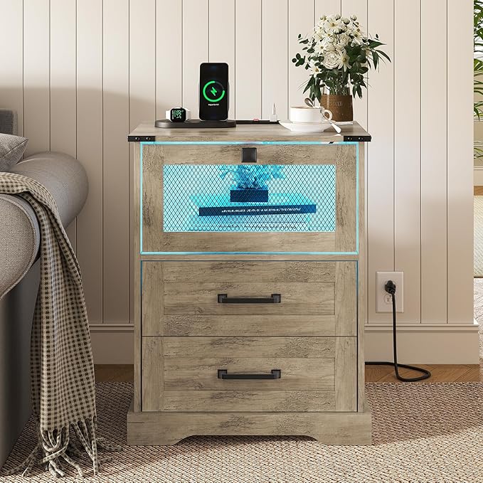 Hasuit Farmhouse Night Stand Set of 2 with LED Lights and Charging Station, Rustic Oak Nightstand with 2 Drawers, and Cubby with Wire Mesh Door, Bedside End Table for Bedroom
