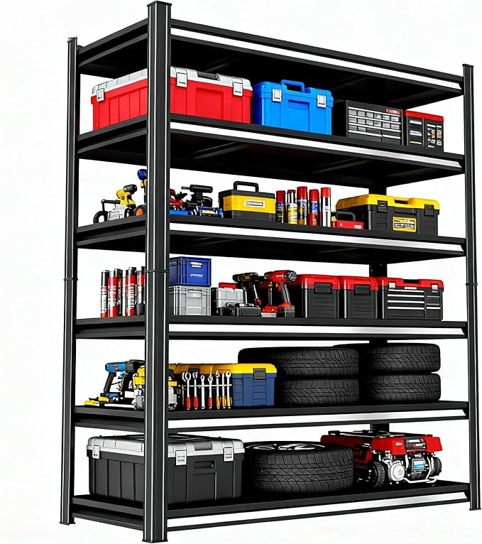 Storage Shelves, Garage Metal Shelving Unit, Adjustable, Double-Layer Column with Reinforced Ribs, Heavy-Duty, Capable of Bearing 600-3600 lbs (Black, 82 * 45 * 18, 6-Tier)