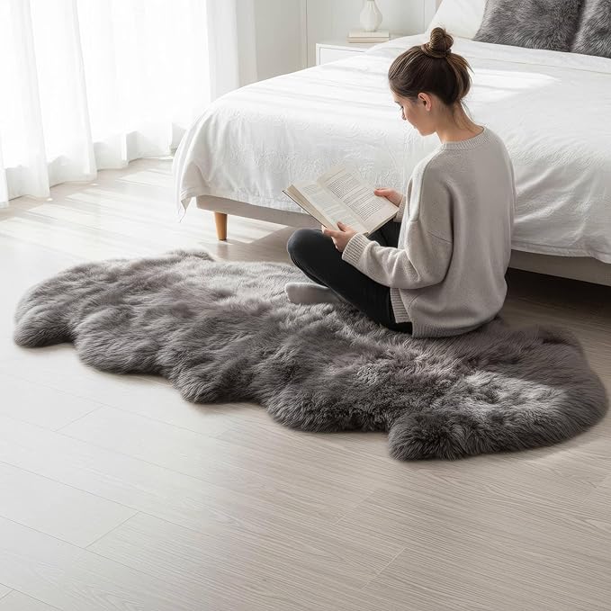 Premium Gray Sheepskin Rug Genuine Fur Bedside Runner 2x6ft - Great for Soothing Feet - Ethically Sourced Sheep Fur Rugs - Sheepskins Wool Runner