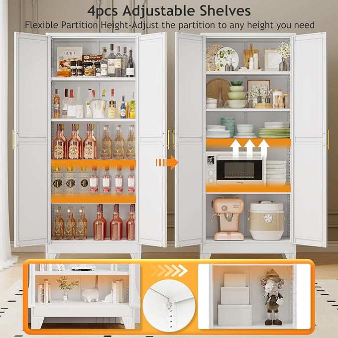 71" Tall Metal Pantry Storage Cabinet with Doors and 4 Adjustable Shelves, White Kitchen Food Pantry Cabinets, Tall Freestanding Cupboard for Kitchen, Dining Room or Living Room