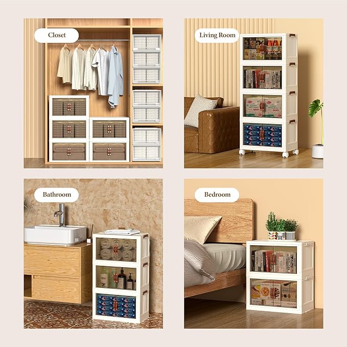 66 QT Large Plastic Storage Bins with Lids Open Front, Stackable Storage Containers with Wheels for Clothes, Home, Room, White, 3 Tiers