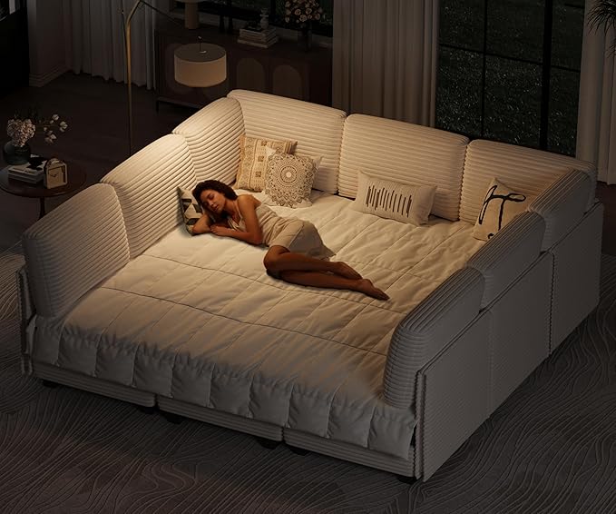 Modular Sectional Sofa with Adjustable Backrest, Large Convertible L/U-Shaped Sleeper Couch for Living Room, Cloud Sofa Bed Modern Reversible Design, White