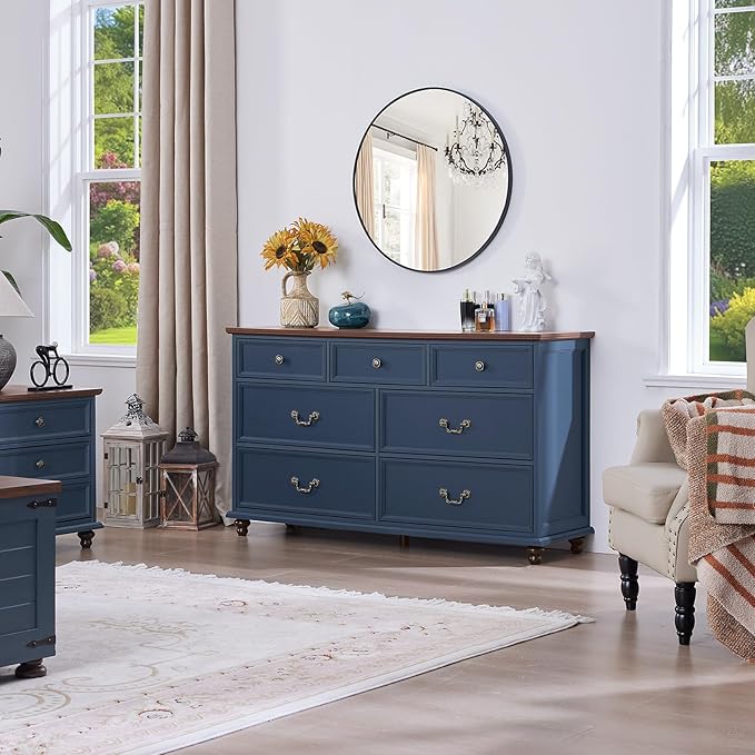 24" Wide Farmhouse Nightstand with Charging Station Set of 2,54" 7 Drawers Dresser, 45" Tall Rustic Chests of 5 Drawers, Farmhouse Furniture Series for Bedroom,DarkBlue