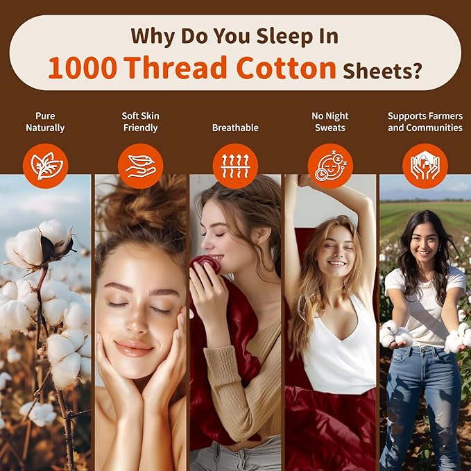 LBRO2M 1000 Thread Count 100% Egyptian Cotton Sheets Set Twin XL, 3 Piece Sets Bed Sheet Deep Pocket Sheet Set 16" Soft Comfortable All Season (Twin XL, Burgundy)