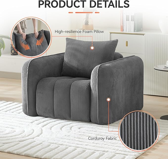 Oversized Boneless Corduroy Accent Chair, Comfy Deep Seat Armchair for Bedroom, Modern Upholstered Living Room Sofa Chair with Pillow, No Assembly, Grey