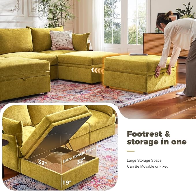 ABCASA 136.4" Oversized Modular Sectional Sleeper Sofa Bed, U Shaped Convertible Couch with Movable Ottoman, Large 8 Seat Corner Couches for Living Room Deep Seat Yellow Chenille