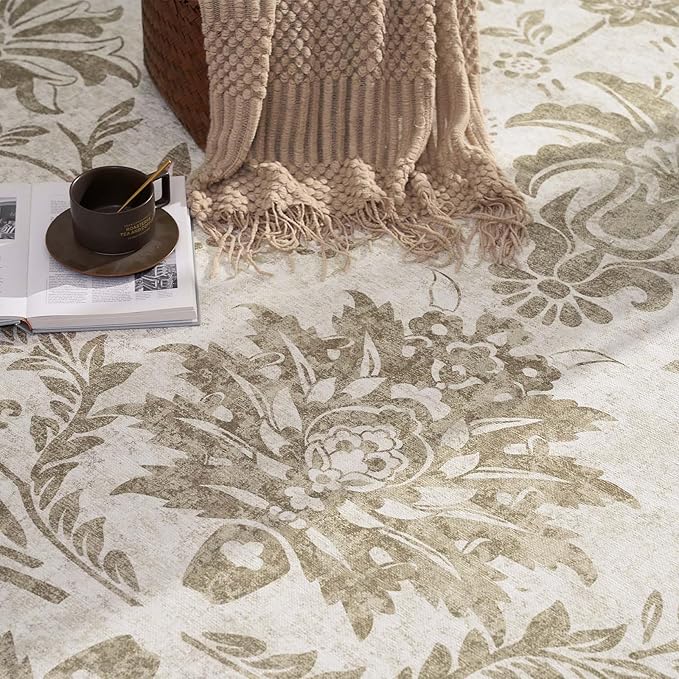 jinchan Torino Classic Floral Round Rug 7ft, Vintage-Inspired Neutral Design 7’Circle Rug, Machine Washable Ultra-Thin Low-Pile Non-Slip Indoor Carpet for Bedroom Dining Room Living Room, Taupe