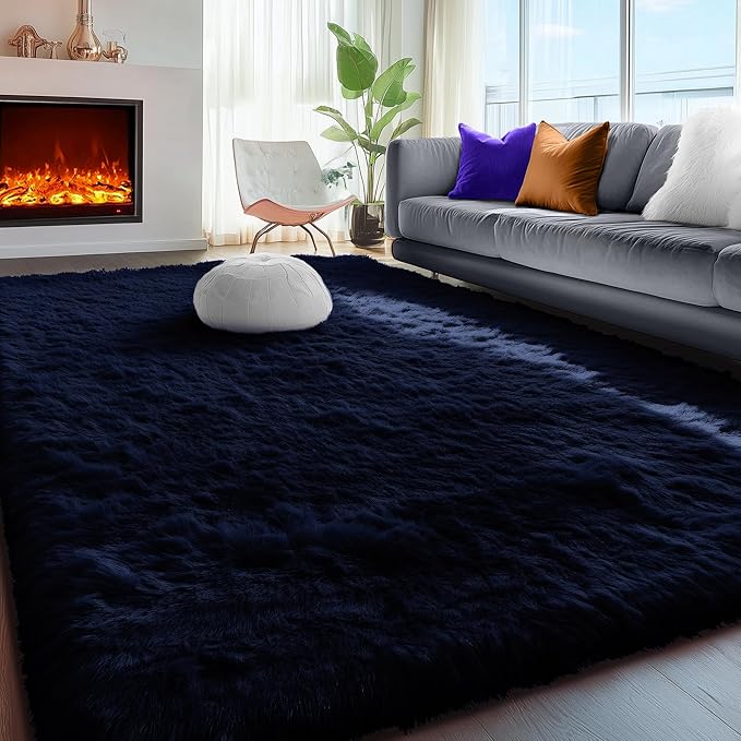 PAGISOFE Dark Navy Blue Rugs for Living Room 5x8 Ft, Plush Area Rugs for Bedroom, Non-Shedding, Indoor Furry Floor Rugs for Nursery Playroom, Shag Carpet for Kids Room Decor Aesthetic, Dark Blue