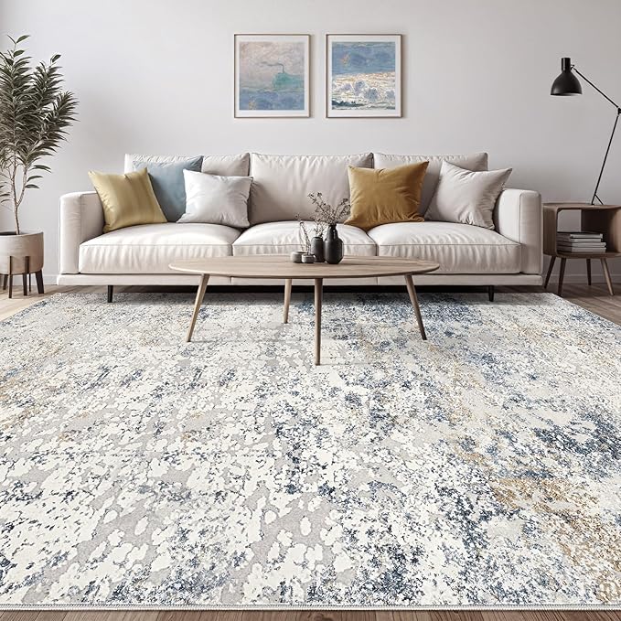 Area Rug Living Room Rugs - 10x14 Abstract Large Soft Indoor Washable Rug Neutral Modern Low Pile Carpet for Bedroom Dining Room Farmhouse Home Office - Beige Blue
