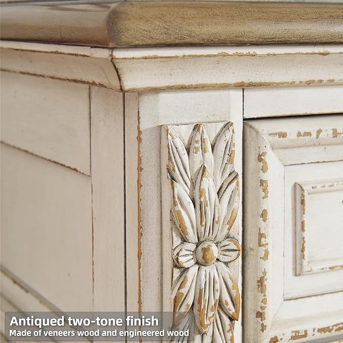 Signature Design by Ashley Realyn French Country 5 Drawer Chest, Tipover Restraint Device, 2-tone Finish, Wood, 40.13" W x 18.13" D x 58.13" H, Chipped White