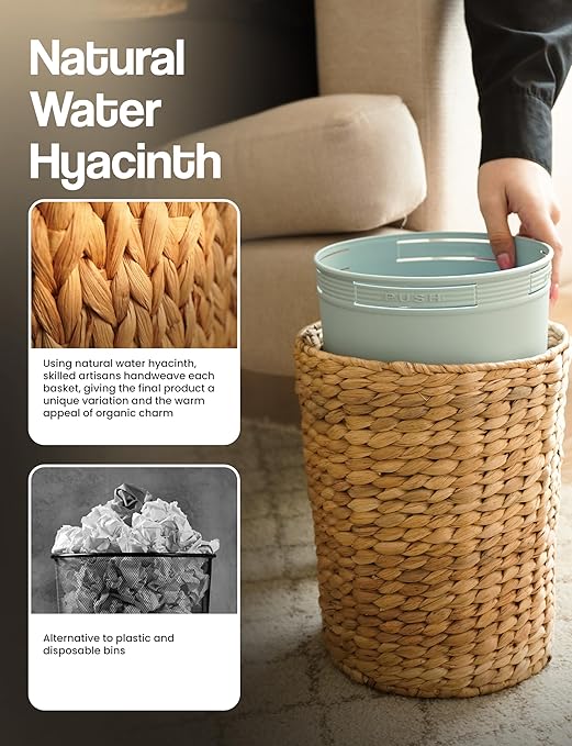 Set of 2 Wicker Trash Can with Lid - Water Hyacinth Wicker Waste Basket for Bathroom - Bathroom Garbage Can with a Lid - 2 Gallon & 4 Gallon Decorative Rattan Trash Can with Removable Liner