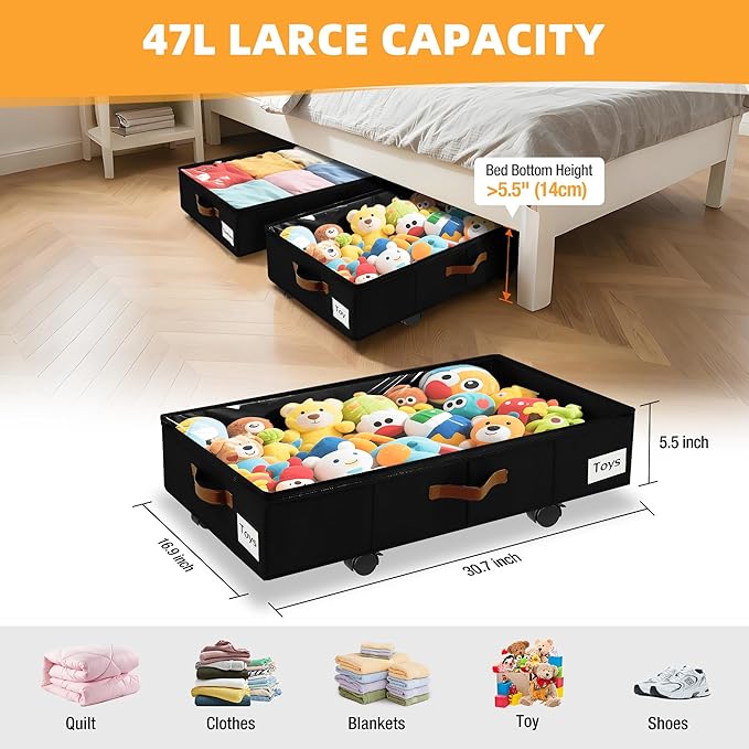 2 Pack Under Bed Storage with Wheels – 30.5×17×5.5 Inch, Underbed Storage with Sturdy Sidewalls/Bottom, Clear Cover, Label and PU Handle, Rolling Under Bed Drawers for Clothes, Shoes, Toys, Blankets