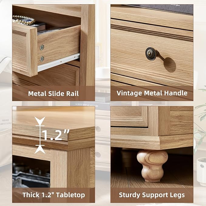Farmhouse Nightstand Set of 2 with Charging Station, 24" Wide End Table with 2 Drawers,Natural Dresser for Bedroom,Bed Side Table Chest of Drawers Cabinet, Night Stand for Living Room