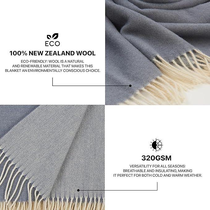 | Wool Blanket/Throw | 100% New Zealand Wool | Perfect for Home and Outdoors | Virgin Wool Throw with Fringes 67"x79" (170 x 200 cm)