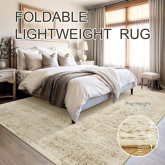 Washable Area Rug 8x10, Large Soft Rugs for Living Room Vintage 8x10 Area Rugs for Bedroom Dining Room Floral Non-Slip Thin Brown
