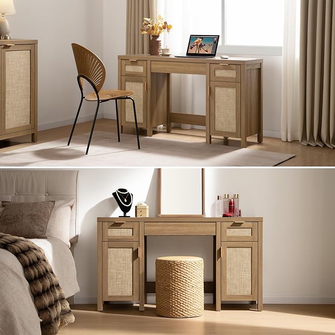 SICOTAS Rattan Vanity Home Office Desk - 52" Large Farmhouse Boho Makeup Vanity Dressing Table with 3 Drawers & 2 Storage Cabinets, Vanities Desk for Makeup Room,Bedroom, Home Office, Oak