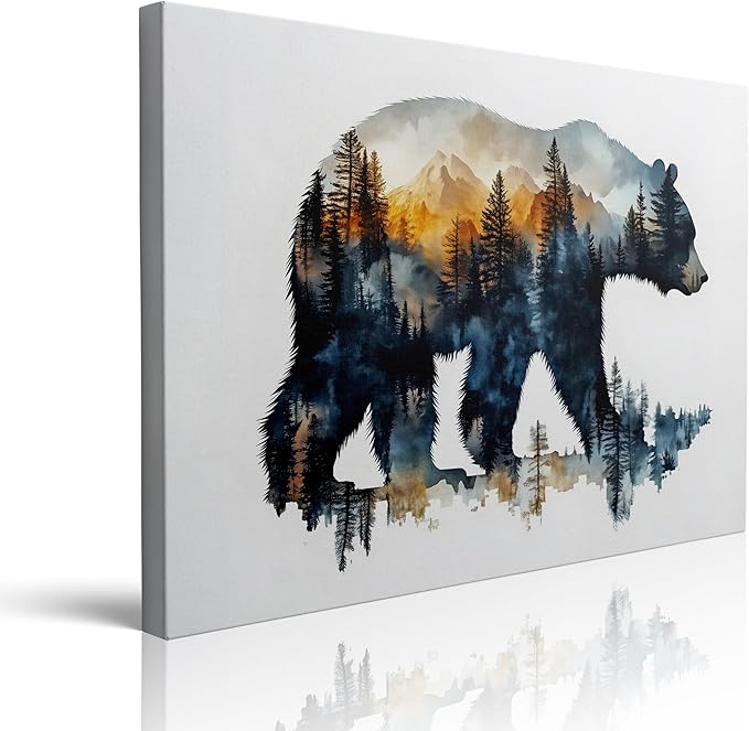 Forest Landscape Inside Bear Canvas Wall Art Framed Painting Watercolor Wildlife Wall Decor Artwork Print Poster Nature Mountain Silhouette Sunset for Living Room Home Office Cabin Decor 16x24 Inches