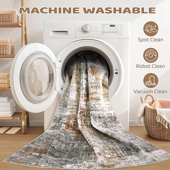 Square Area Rug Living Room Rugs - 8x8 Washable Large Soft Indoor Neutral Modern Abstract Low Pile Rug Carpet for Bedroom Dining Room Farmhouse Home Office - Grey Brown