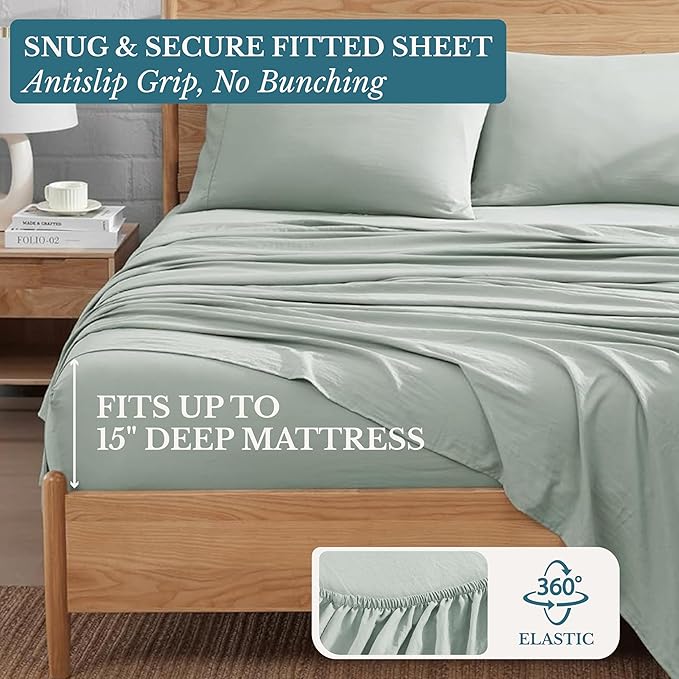 Casa Platino Queen Size Sheet Set, Pre-Washed Brushed Microfiber Bed Sheets, Ultra Soft & Smooth Sheets for Queen Bed, Deep Pocket Fitted Sheet Set, Lasting Quality, No Pill Fabric – Mineral
