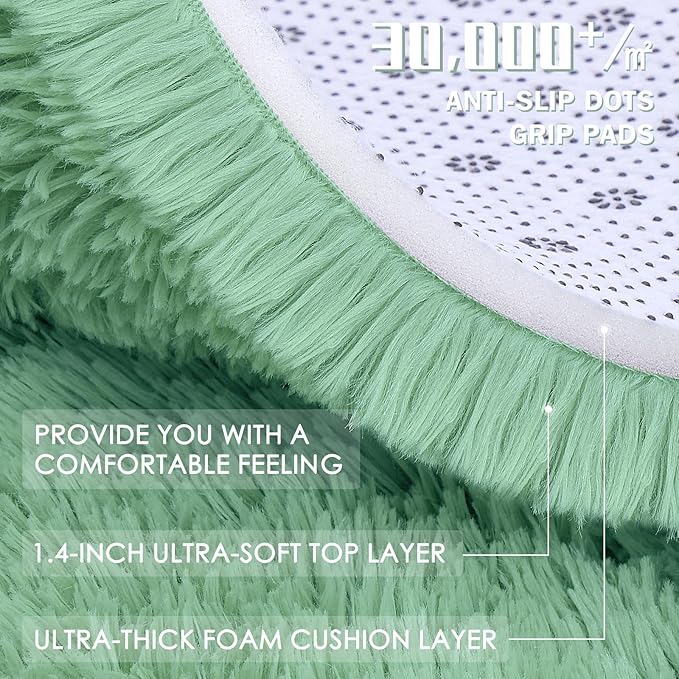 OLANLY Mint Green Round Rugs for Bedroom - Machine Washable, 5 ft Circle Area Rugs for Living Room, Soft and Fluffy Shaggy Carpet for Teen Girls and Boys, Nursery Rooms, Dorms, Home Decor Aesthetic