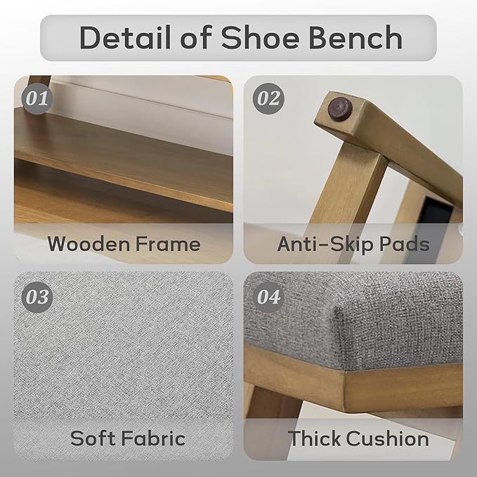 45" Entryway Bench Upholstered Storage Bench for Bedroom Shoe Rack Bench for Living Room, Hallway, Mudroom, Balcony, Sturdy Indoor Bench Seat Holds Up to 300 lbs (Grey)