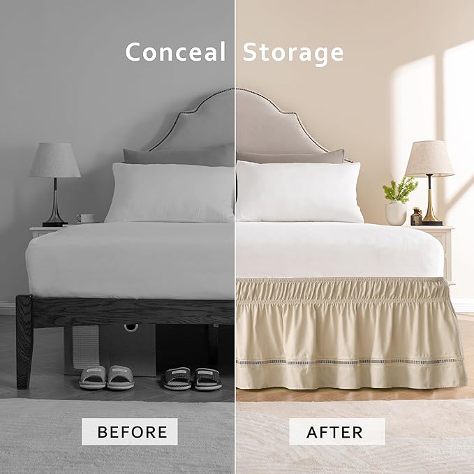 MIYE Wrap Around Ruffled Lace Bed Skirt, Elastic Dust Ruffle with Adjustable Belts, Easy to Put On, Bed Frame Cover, Machine Washable (Ruffled Lace/Beige, Full/Twin-12.5" Drop)