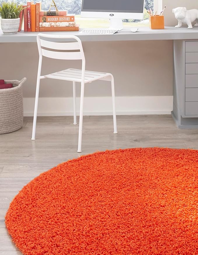Unique Loom Solid Shag Collection Area Rug (4' 1" Round, Tiger Orange)